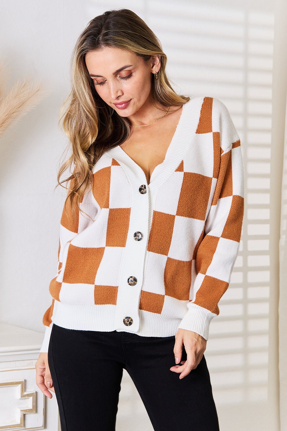 Double Take Angel Wings Checkered Button Cardigan - Trendy Sweaters & Cardigans/Cardigans in Camel for Women | The802Gypsy