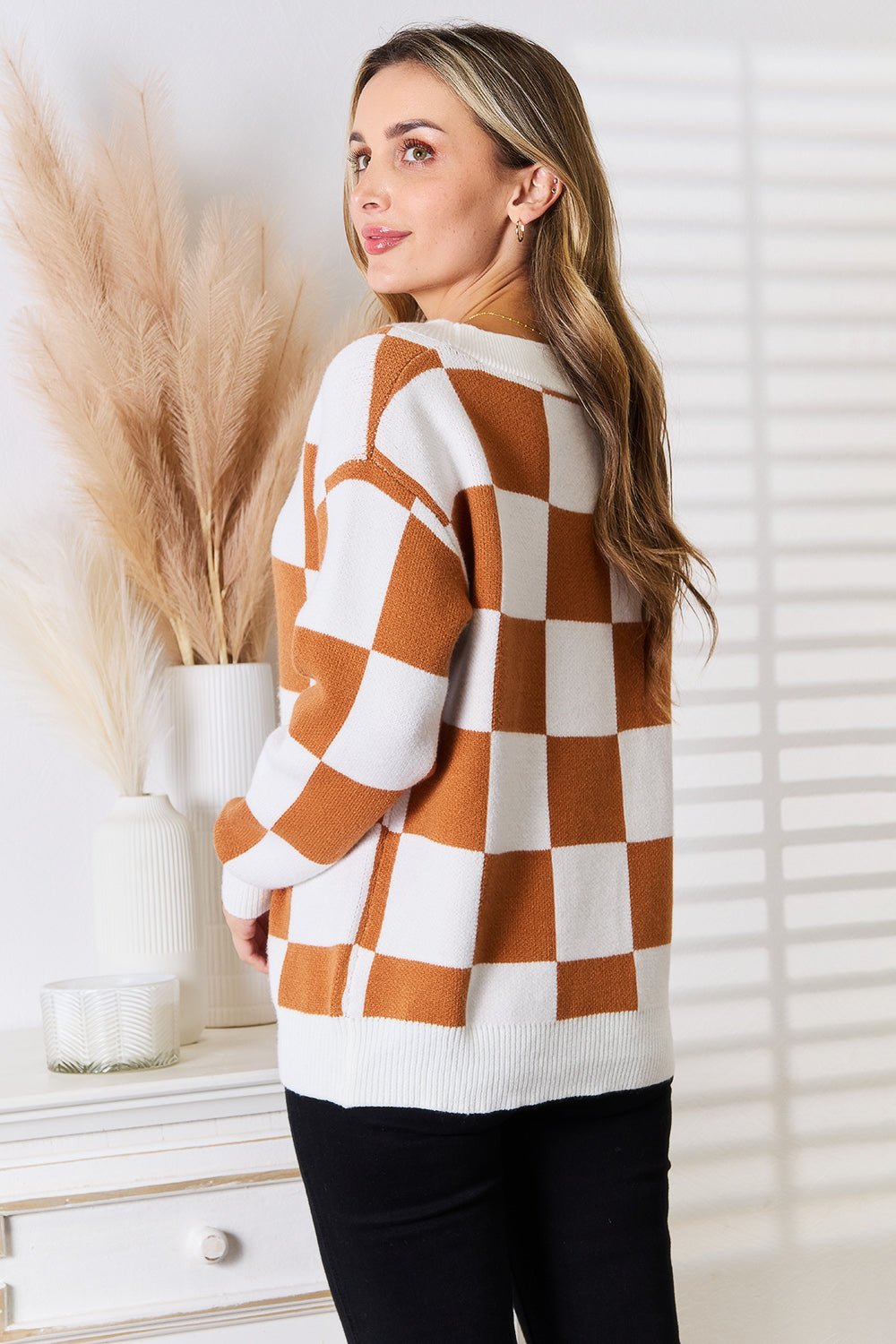 Double Take Angel Wings Checkered Button Cardigan - Trendy Sweaters & Cardigans/Cardigans in Camel for Women | The802Gypsy