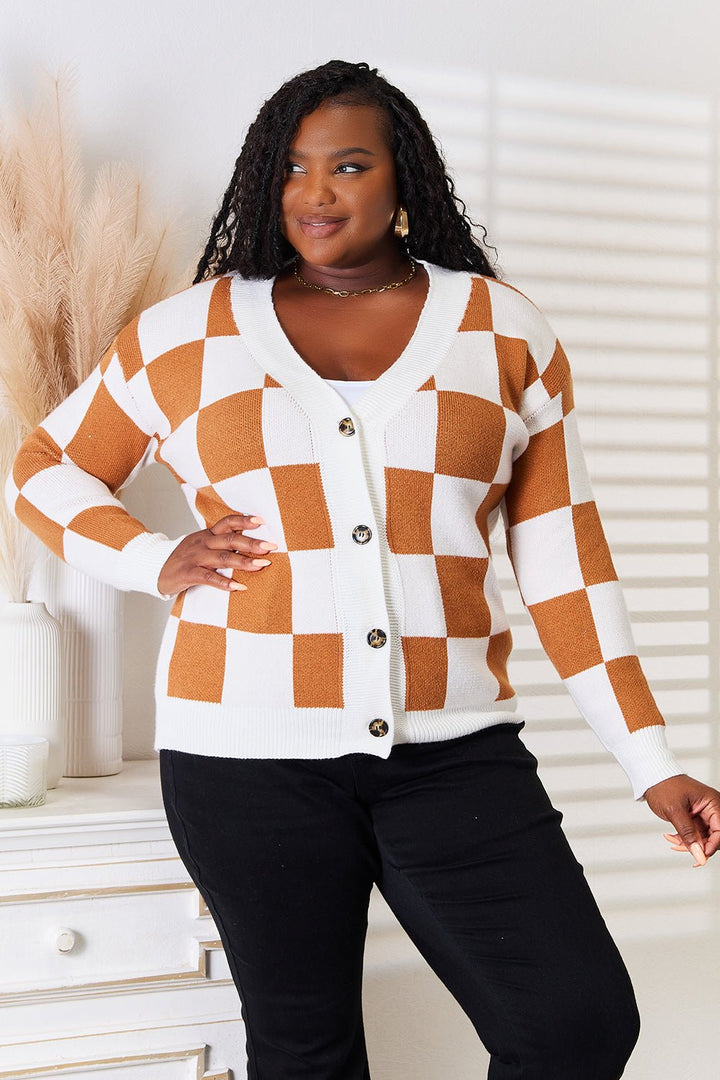 Double Take Angel Wings Checkered Button Cardigan - Trendy Sweaters & Cardigans/Cardigans in Camel for Women | The802Gypsy