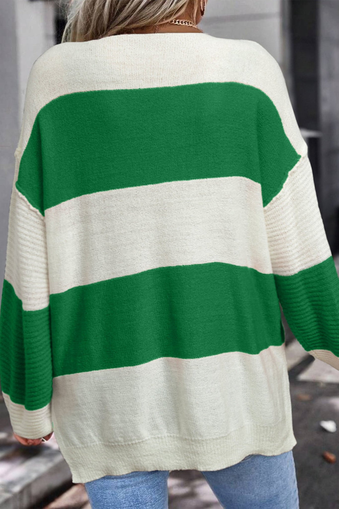 Loose Color Block Drop Shoulder Bubble Sleeve Sweater - Trendy Sweaters & Cardigans/Sweaters in Green Stripe for Women | The802Gypsy