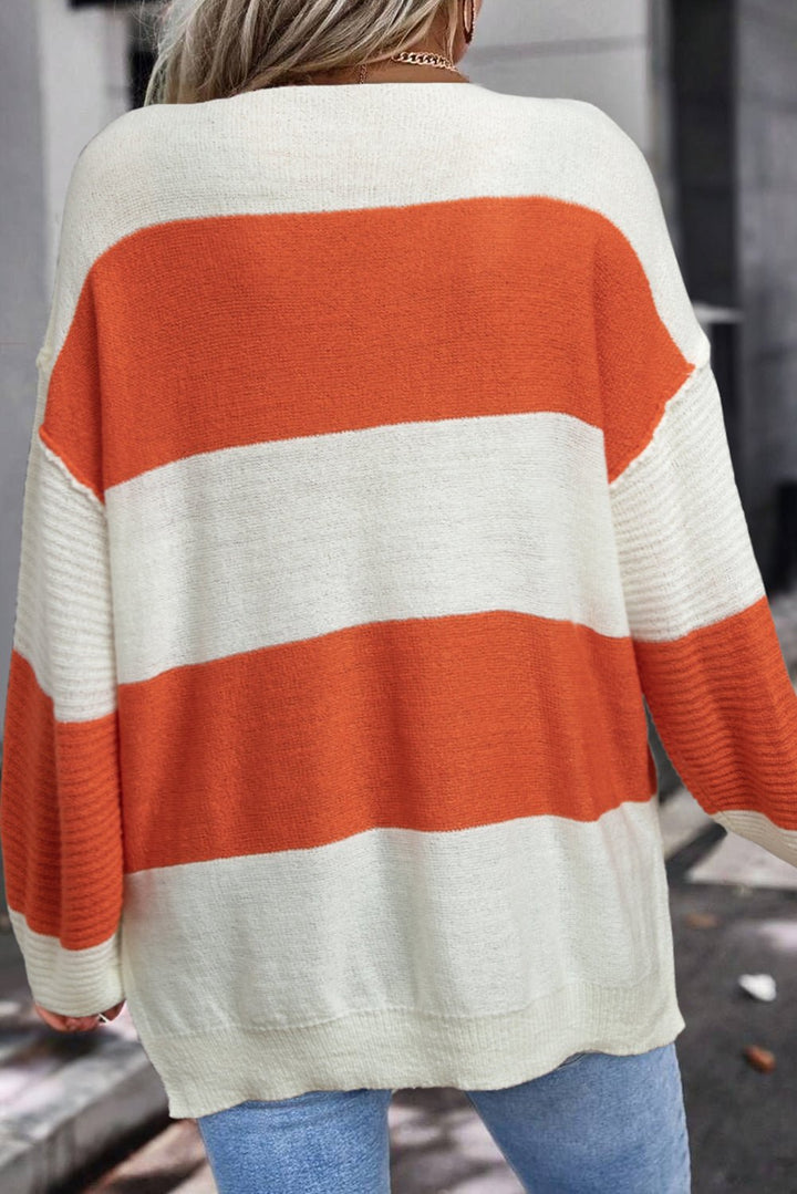 Loose Color Block Drop Shoulder Bubble Sleeve Sweater - Trendy Sweaters & Cardigans/Sweaters in Orange Stripe for Women | The802Gypsy