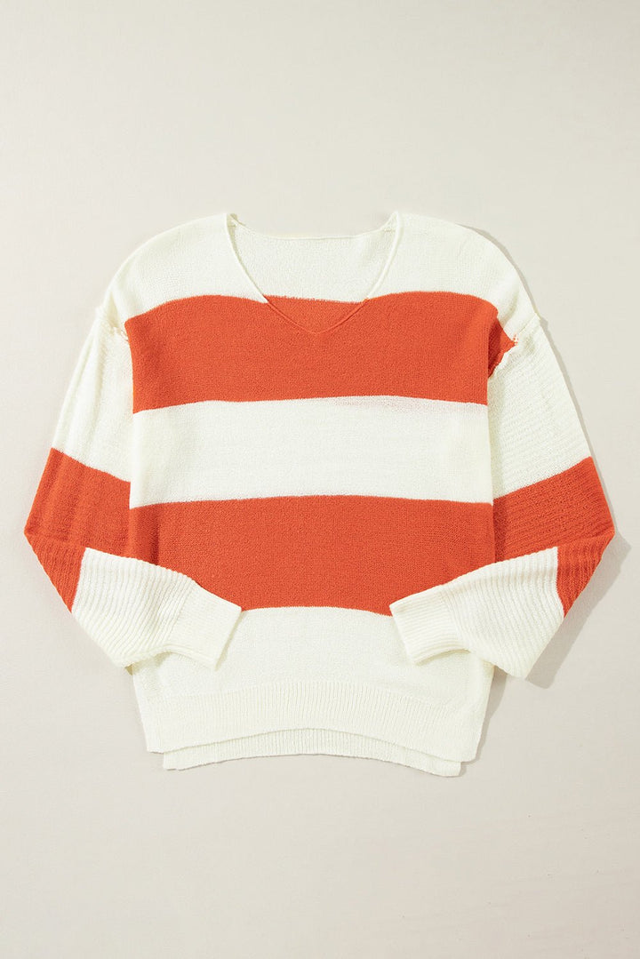 Loose Color Block Drop Shoulder Bubble Sleeve Sweater - Trendy Sweaters & Cardigans/Sweaters in Orange Stripe for Women | The802Gypsy