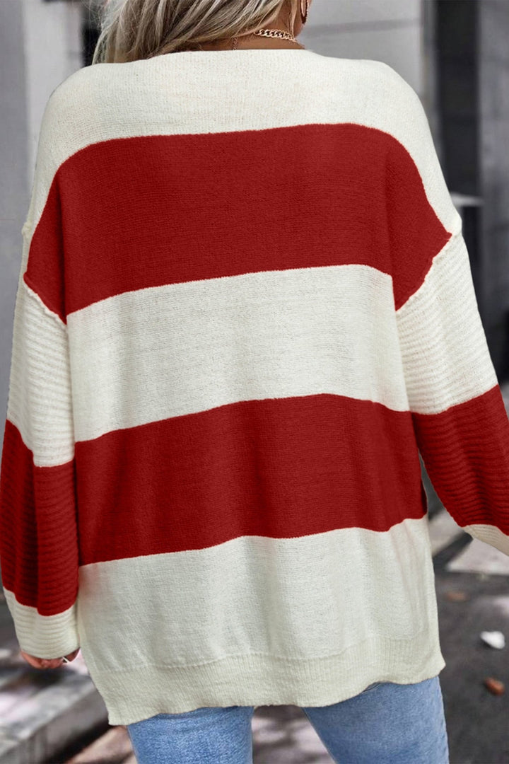 Loose Color Block Drop Shoulder Bubble Sleeve Sweater - Trendy Sweaters & Cardigans/Sweaters in Red Stripe for Women | The802Gypsy