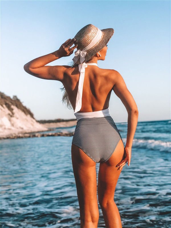 Color - Block Halter One - Piece Swimsuit - Tummy Control Design - Trendy Swimwear in White for Women | The802Gypsy