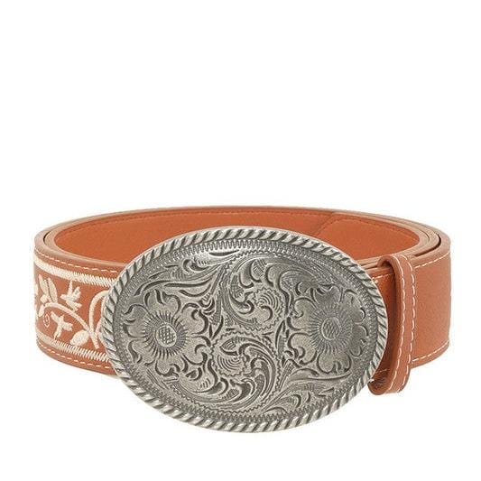 The802Gypsy ACCESSORIES/BELT CAMEL TAN / OS ❤️GYPSY FOX-ICCO-Metal Oval Buckle Flower Belt