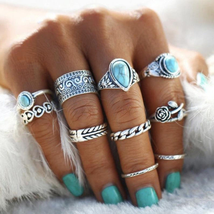 The802Gypsy Accessories/Jewelry Silver / One Size GYPSY-Turquoise Alloy Ring 10-Piece Set