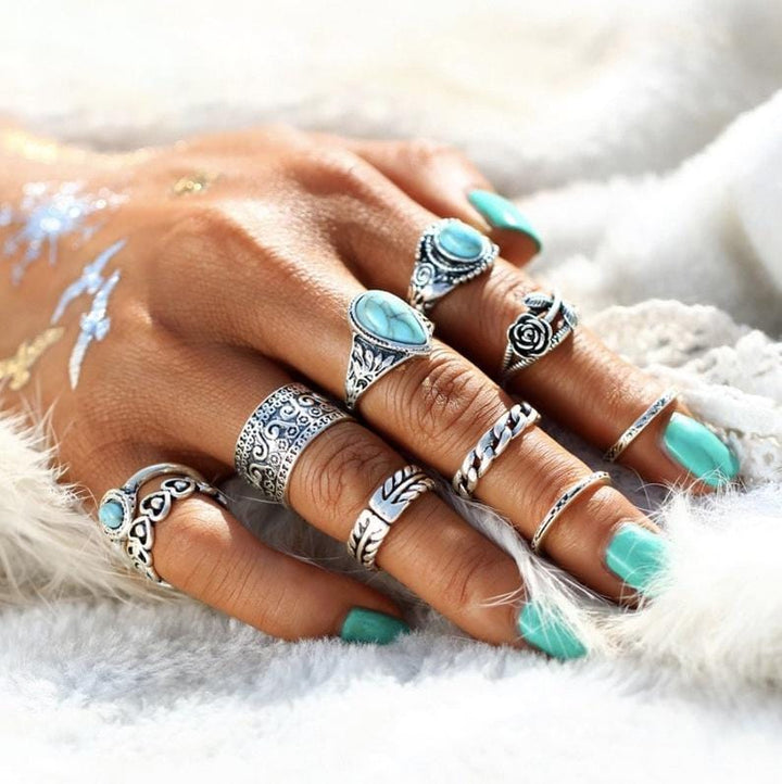 The802Gypsy Accessories/Jewelry Silver / One Size GYPSY-Turquoise Alloy Ring 10-Piece Set