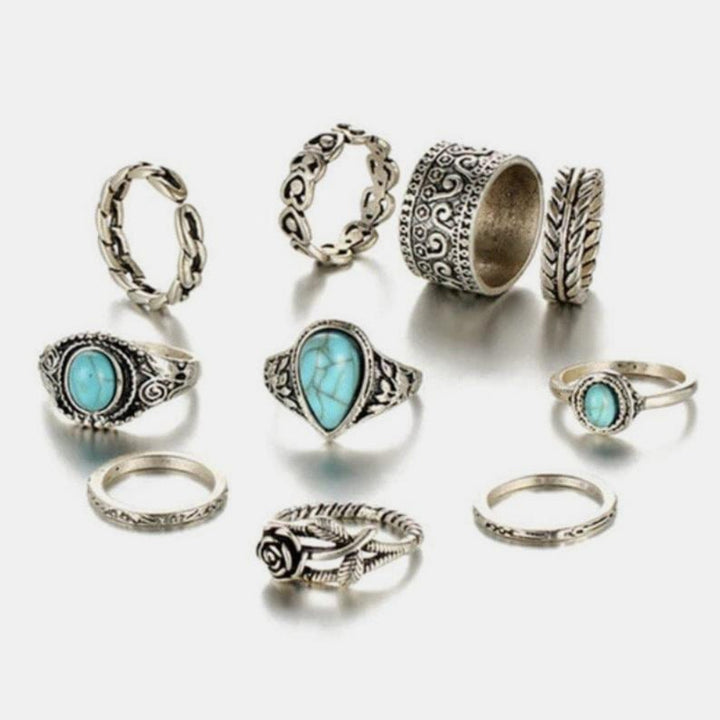 The802Gypsy Accessories/Jewelry Silver / One Size GYPSY-Turquoise Alloy Ring 10-Piece Set