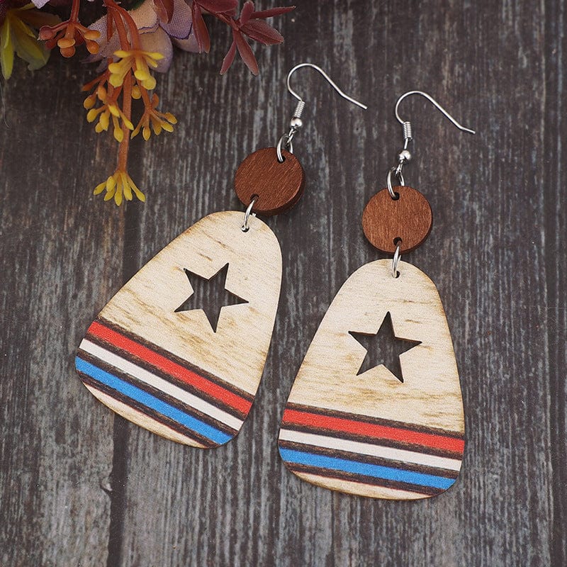 The802Gypsy Accessories Multicolor / One Size GYPSY-Cutout Star & Stripes Wooden Dangle Earrings