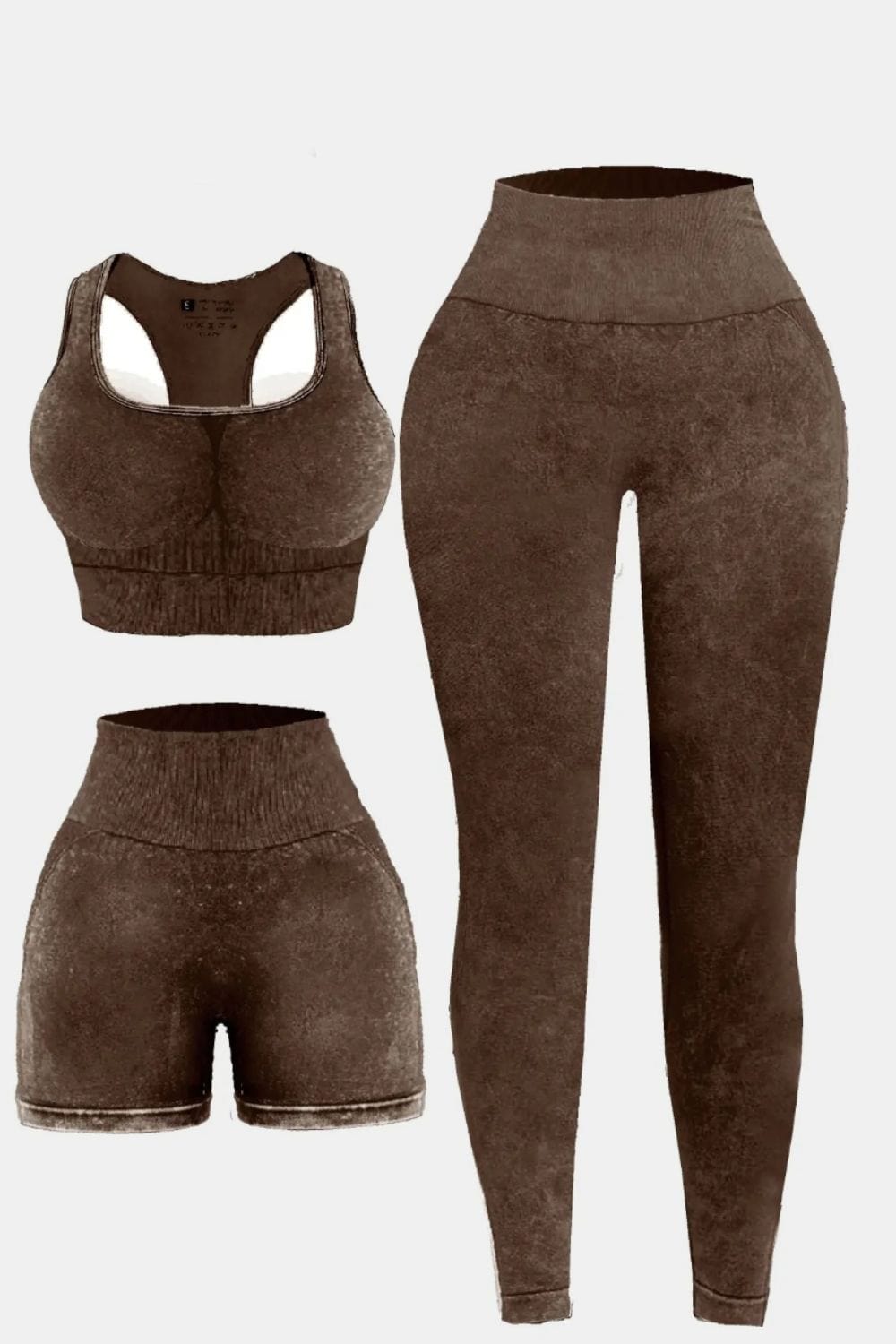 The802Gypsy Activewear/Activewear Sets Brown / S GYPSY-3 Piece Washed Wide Strap Top Active Set