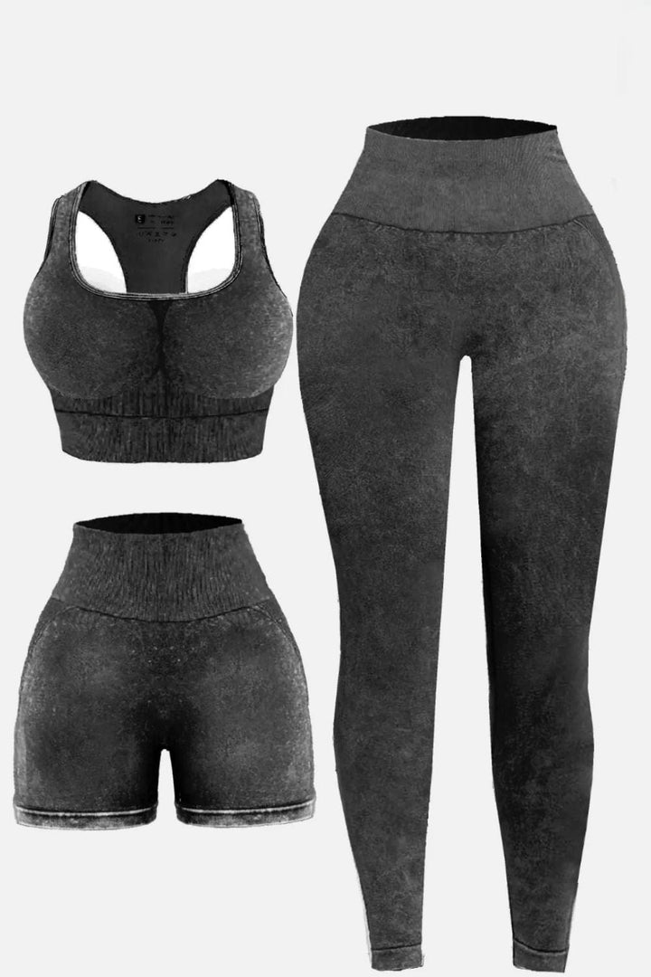 The802Gypsy Activewear/Activewear Sets Gray / S GYPSY-3 Piece Washed Wide Strap Top Active Set