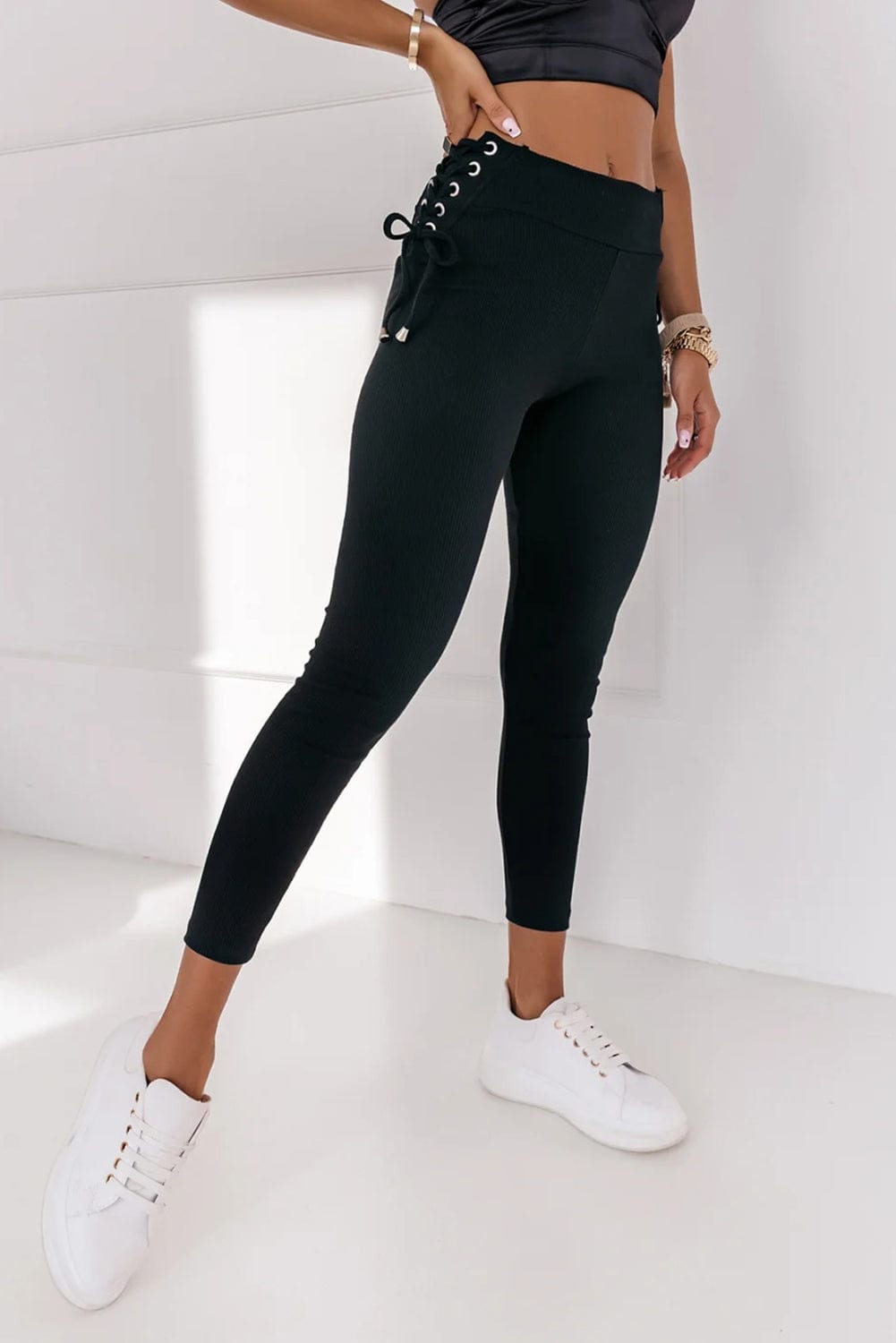 The802Gypsy  Activewear Black / S / 82%Polyamide+18%Elastane TRAVELING GYPSY-Lace Up Ribbed Leggings