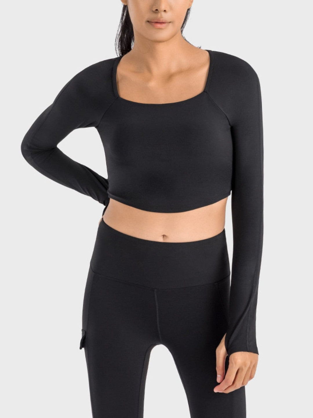 The802Gypsy Activewear/tops Black / 4 GYPSY-Millennia Square Neck Long Sleeve Cropped Sports Top