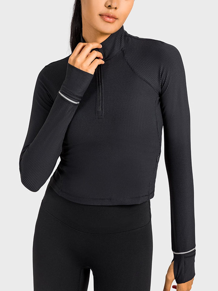 The802Gypsy Activewear/tops Black / 4 GYPSY-Mock Neck Half Zip Long Sleeve Sport Top