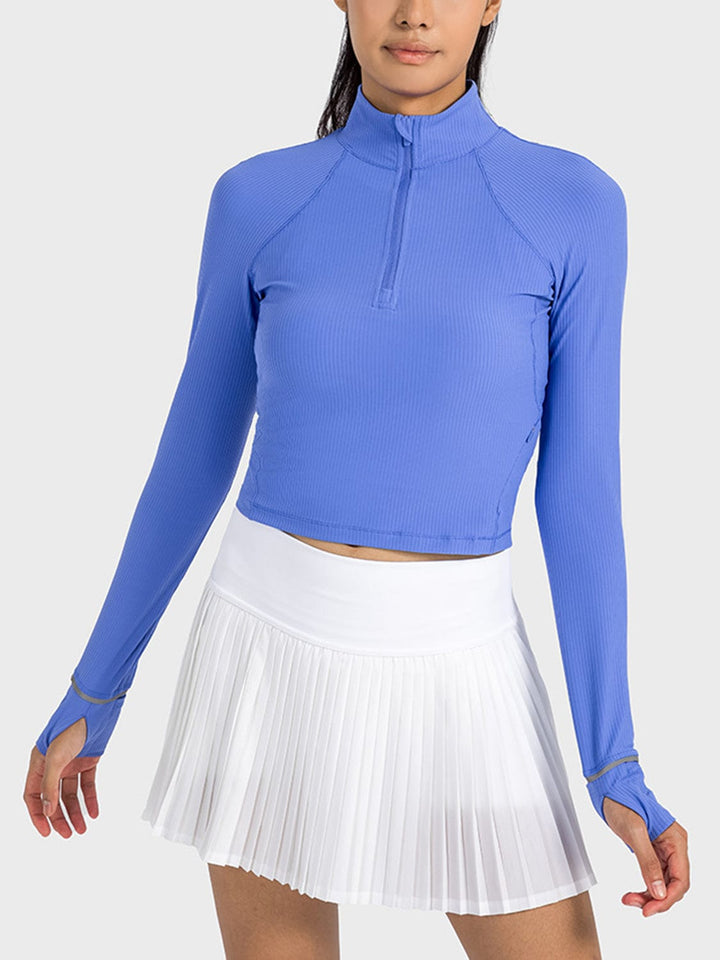 The802Gypsy Activewear/tops Blue / 4 GYPSY-Mock Neck Half Zip Long Sleeve Sport Top