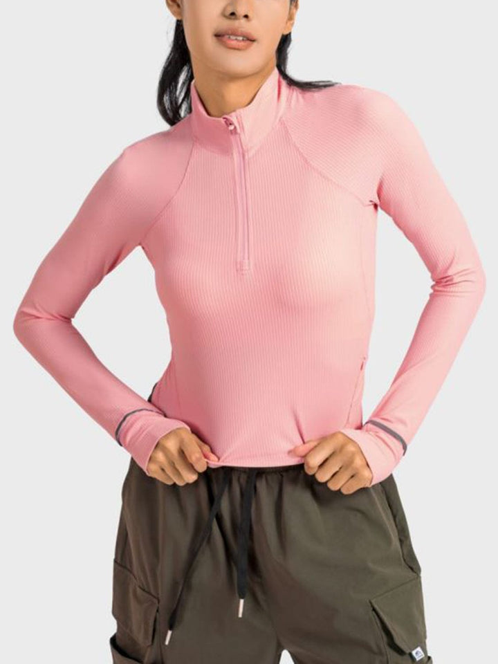 The802Gypsy Activewear/tops Blush Pink / 4 GYPSY-Mock Neck Half Zip Long Sleeve Sport Top