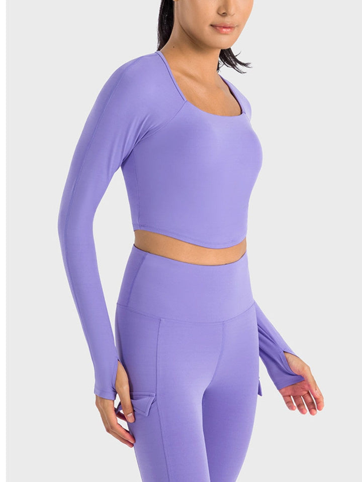 The802Gypsy Activewear/tops Periwinkle Blue / 4 GYPSY-Millennia Square Neck Long Sleeve Cropped Sports Top