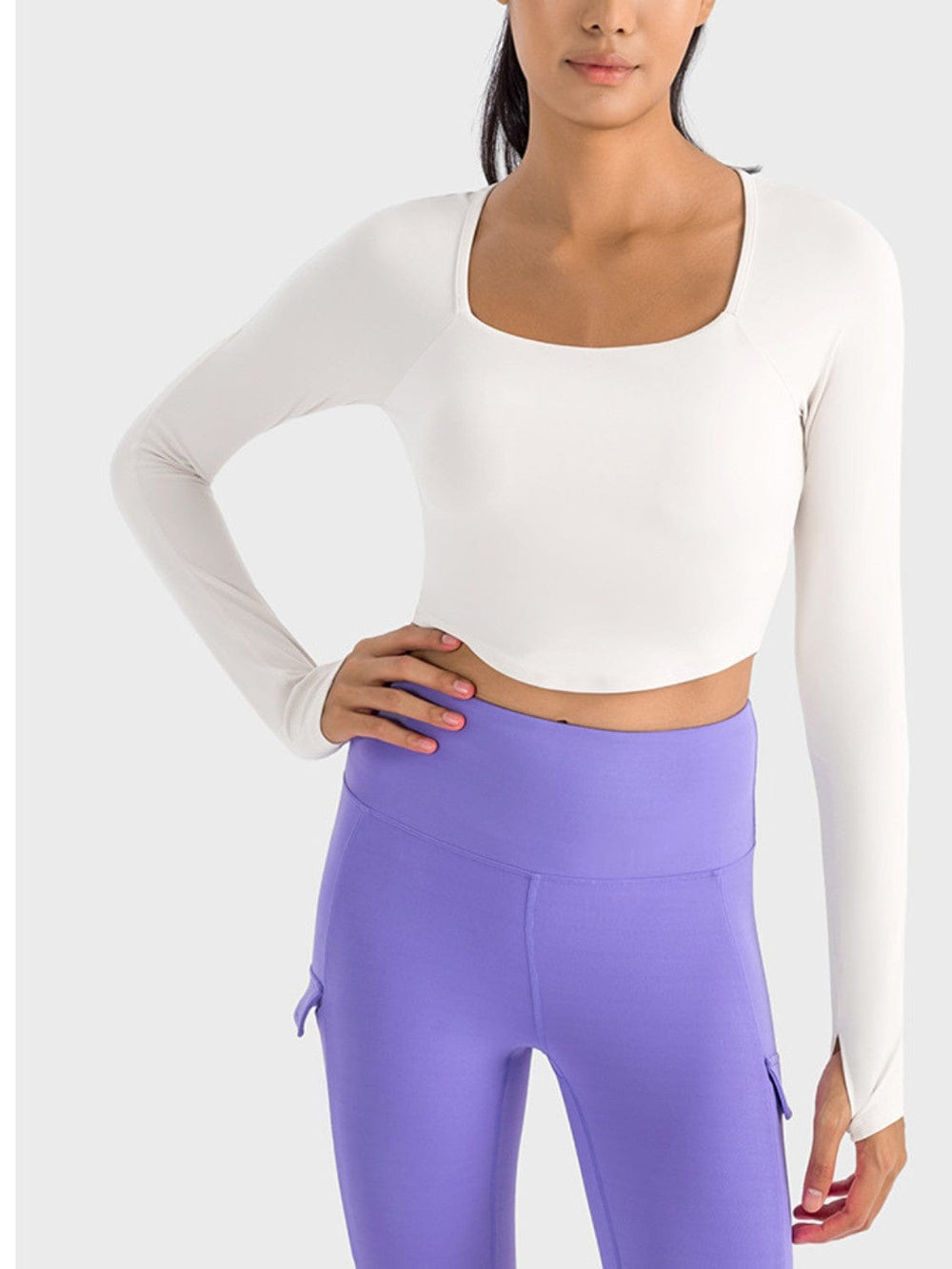 The802Gypsy Activewear/tops White / 4 GYPSY-Millennia Square Neck Long Sleeve Cropped Sports Top