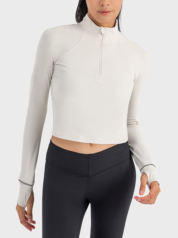 The802Gypsy Activewear/tops White / 4 GYPSY-Mock Neck Half Zip Long Sleeve Sport Top