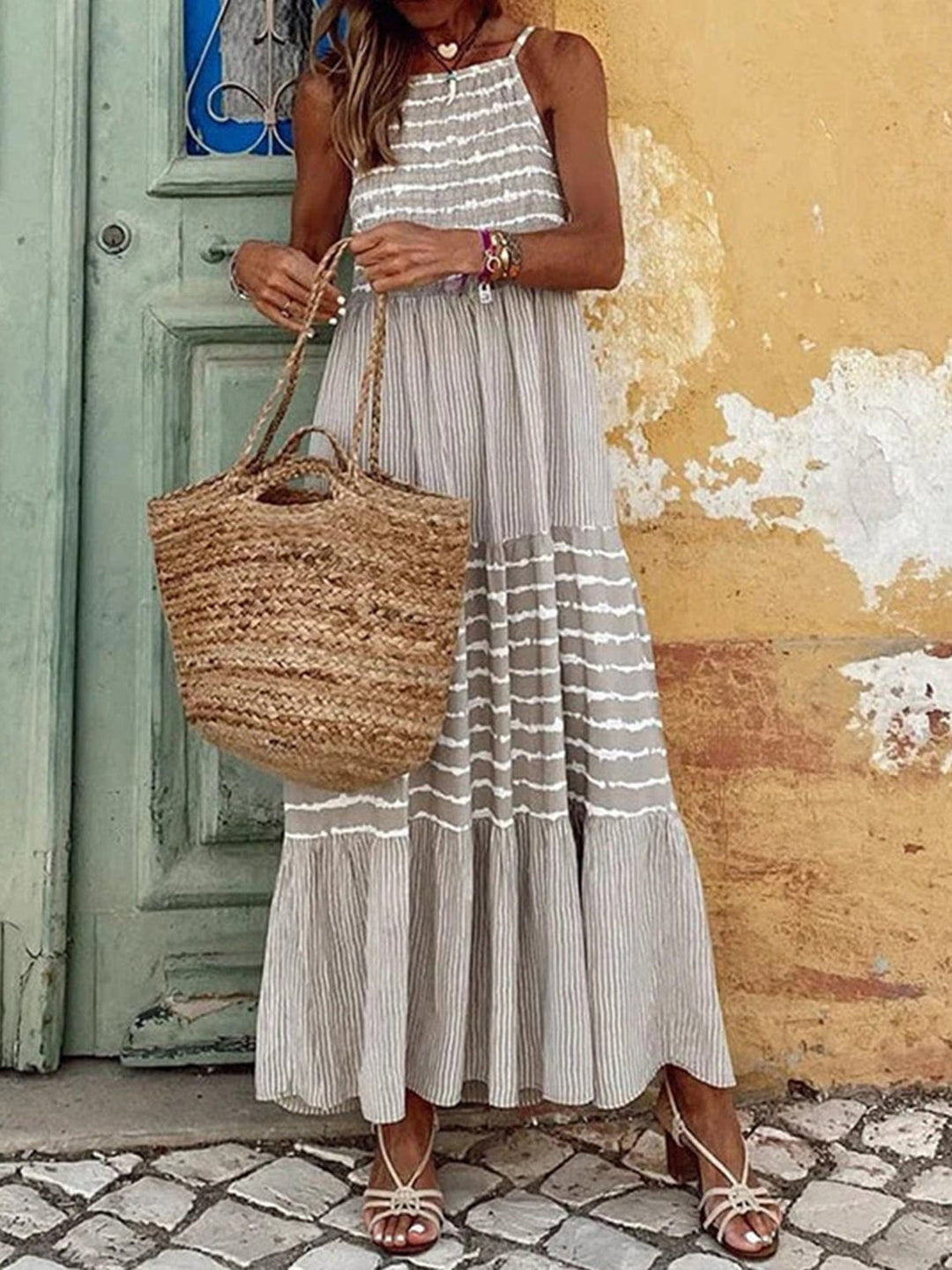 The802Gypsy apparel and accessories Light Gray / S GYPSY-Striped Sleeveless Cami Dress