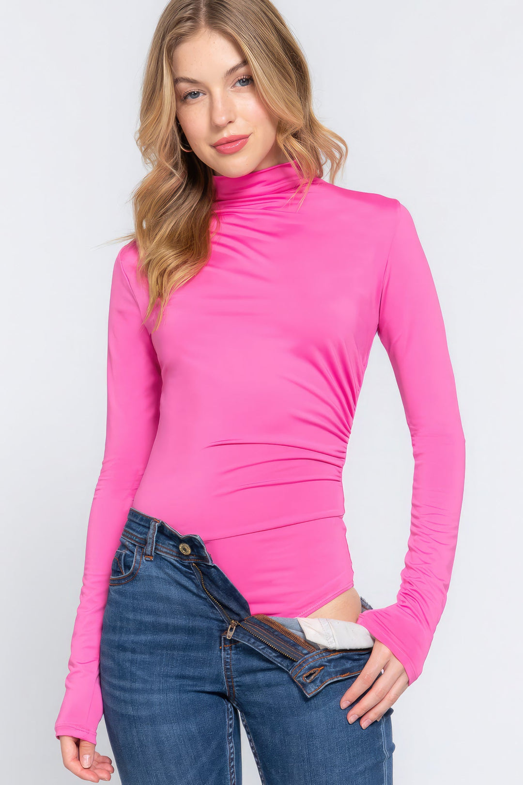 The802Gypsy  apparel and accessories S / Pink ❤GYPSY LOVE-Long Sleeve High Neck Shirring Detail Ity Knit Bodysuit