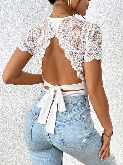 The802Gypsy bodysuit Gypsy Lace Backless Round Neck Bodysuit