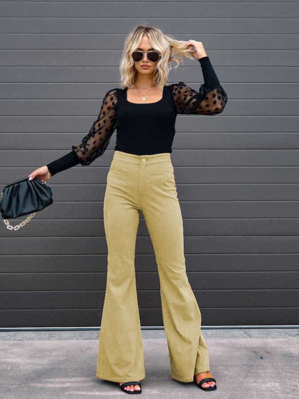 the802gypsy bottom/pants Khaki / S GYPSY GIRL-Corduroy High Waist Slim Flared Pants