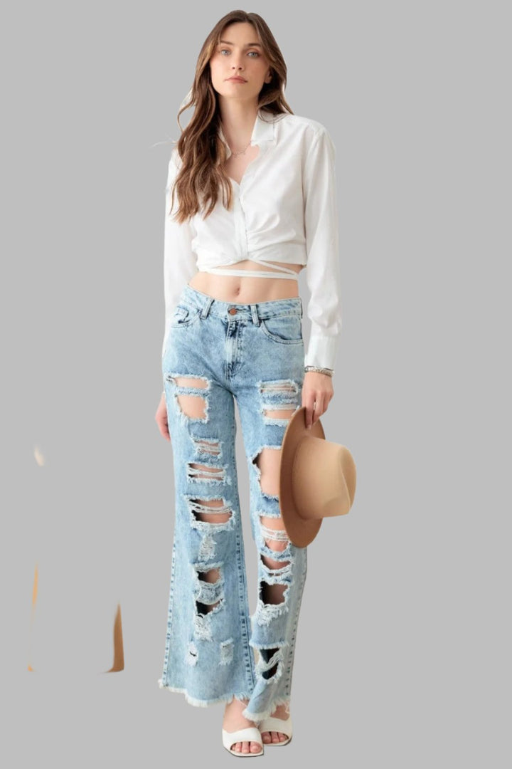 The802Gypsy Bottoms/Jeans Acid Wash Denim / 1 ❤️GYPSY-Litz La- Distressed Frayed Hem Ripped Flare Jeans 🌗