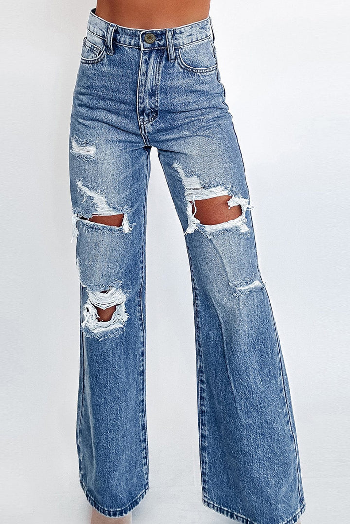 The802Gypsy  Bottoms/Jeans Ashleigh Blue / 6 / 93%Cotton+5%polyester+2%Elastane TRVLN GYPSY-Distressed Wide Leg High Waist Jeans