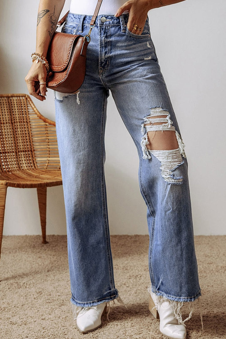 The802Gypsy  Bottoms/Jeans Ashleigh Blue / 6 TRAVELING GYPSY-Distressed Raw Hem Straight Leg High Waist Jeans