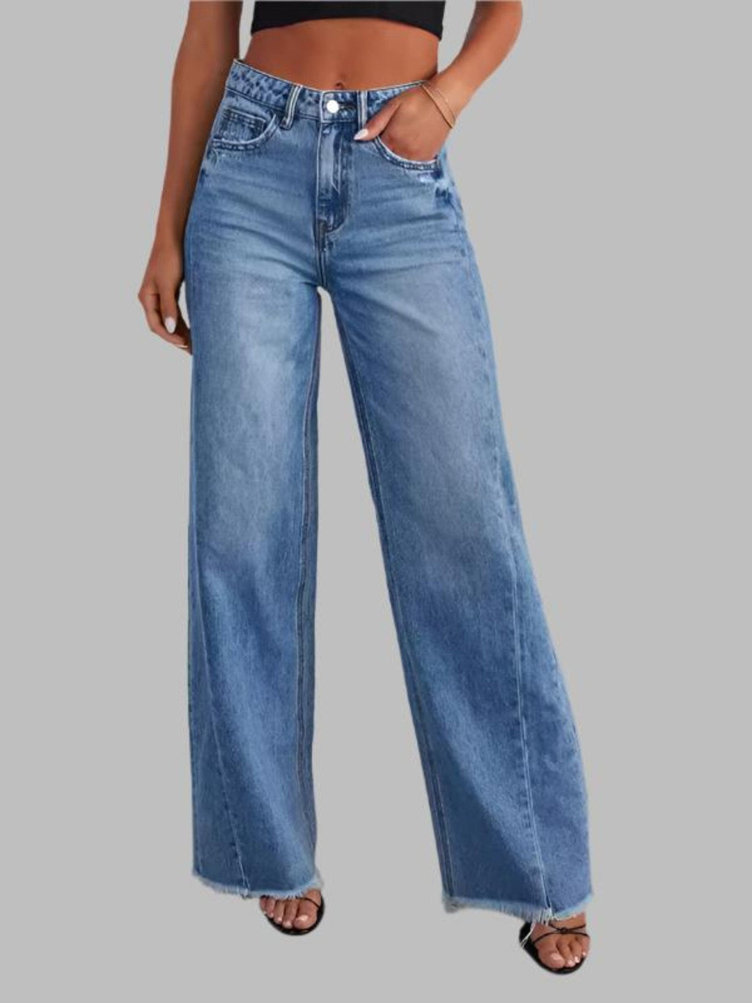 The802Gypsy Bottoms/Jeans Denim Blue / S GYPSY GIRL-Wide Leg Side Seam Paneled Frayed Hem Jeans