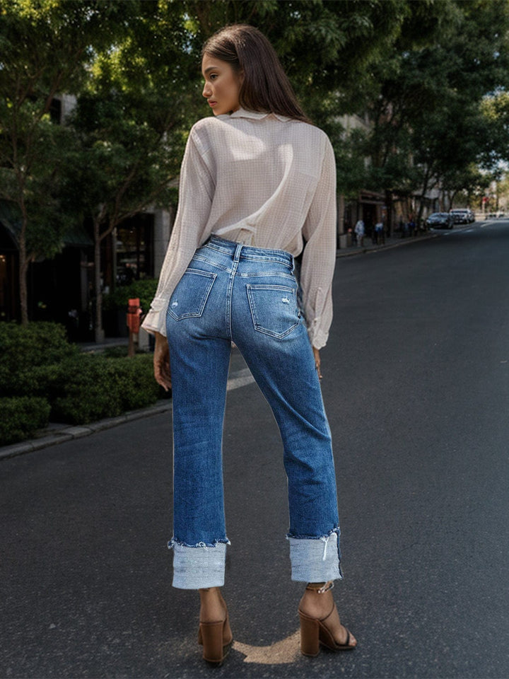 The802Gypsy Bottoms/Jeans GYPSY-Stepped Waist Raw Hem Rolled Straight Jeans