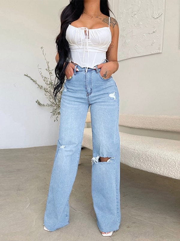 The802Gypsy Bottoms/Jeans Light  Blue / S GYPSY GIRL-High Waist Ripped Wide Leg Jeans