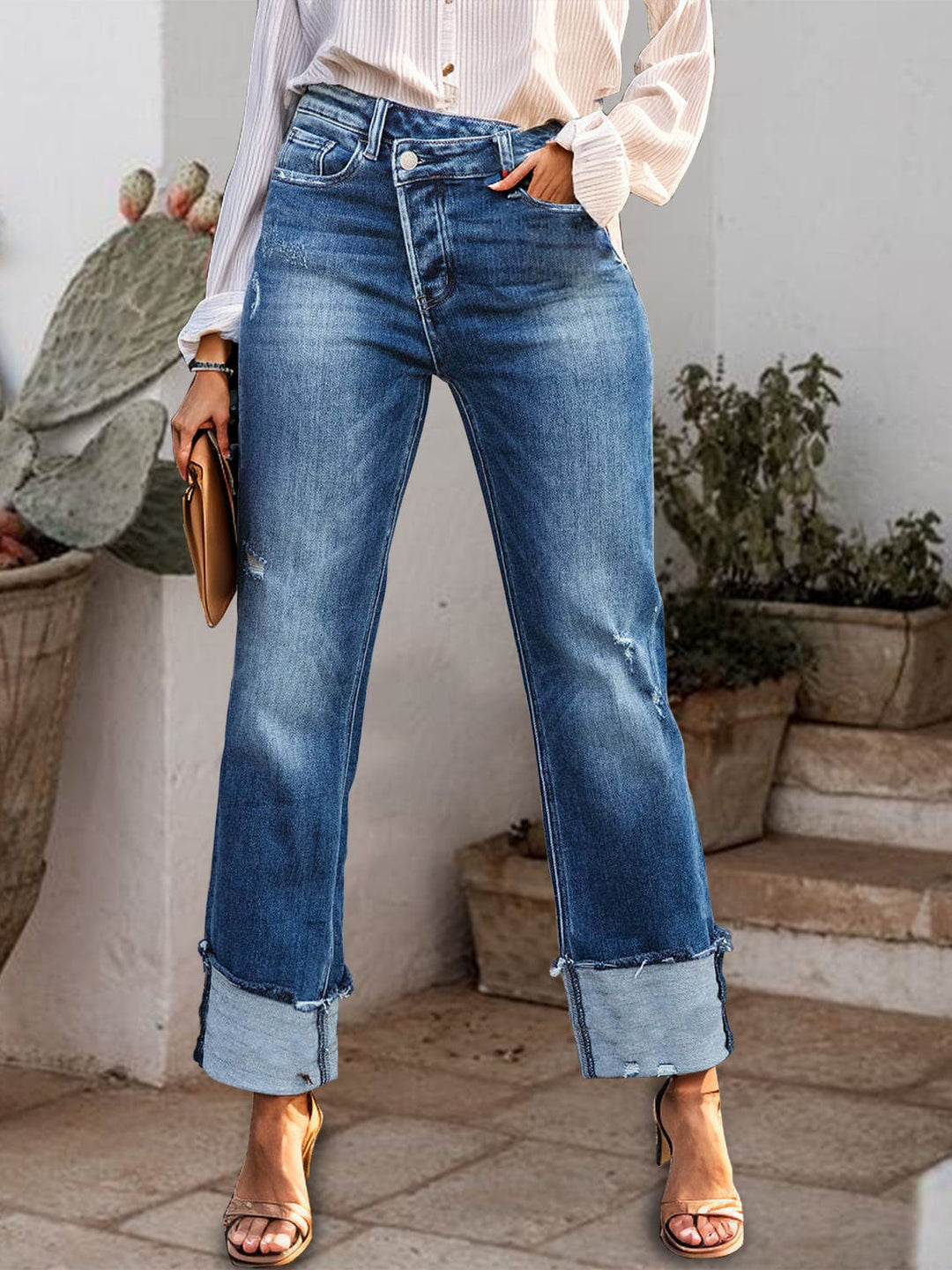 The802Gypsy Bottoms/Jeans Medium / S GYPSY-Stepped Waist Raw Hem Rolled Straight Jeans