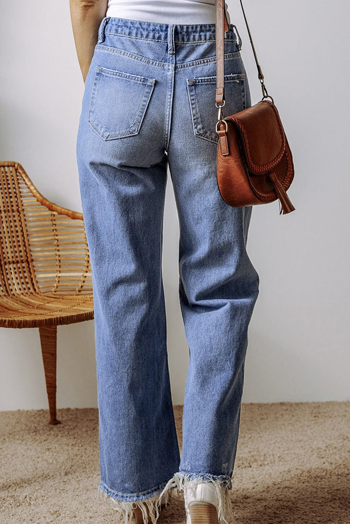 The802Gypsy  Bottoms/Jeans TRAVELING GYPSY-Distressed Raw Hem Straight Leg High Waist Jeans