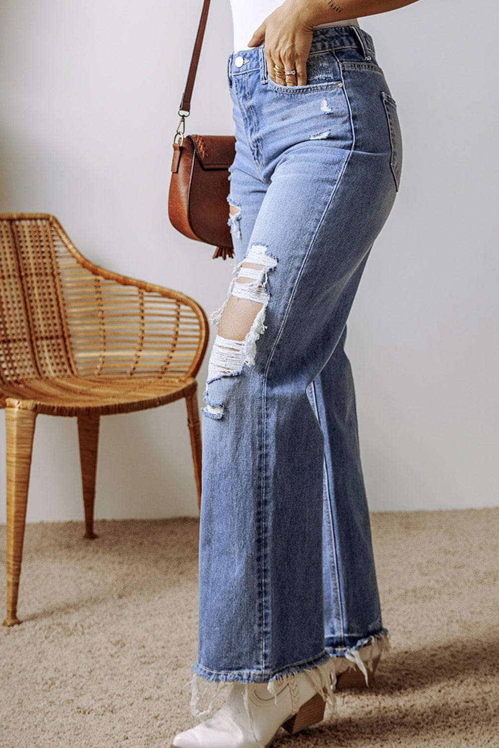 The802Gypsy  Bottoms/Jeans TRAVELING GYPSY-Distressed Raw Hem Straight Leg High Waist Jeans