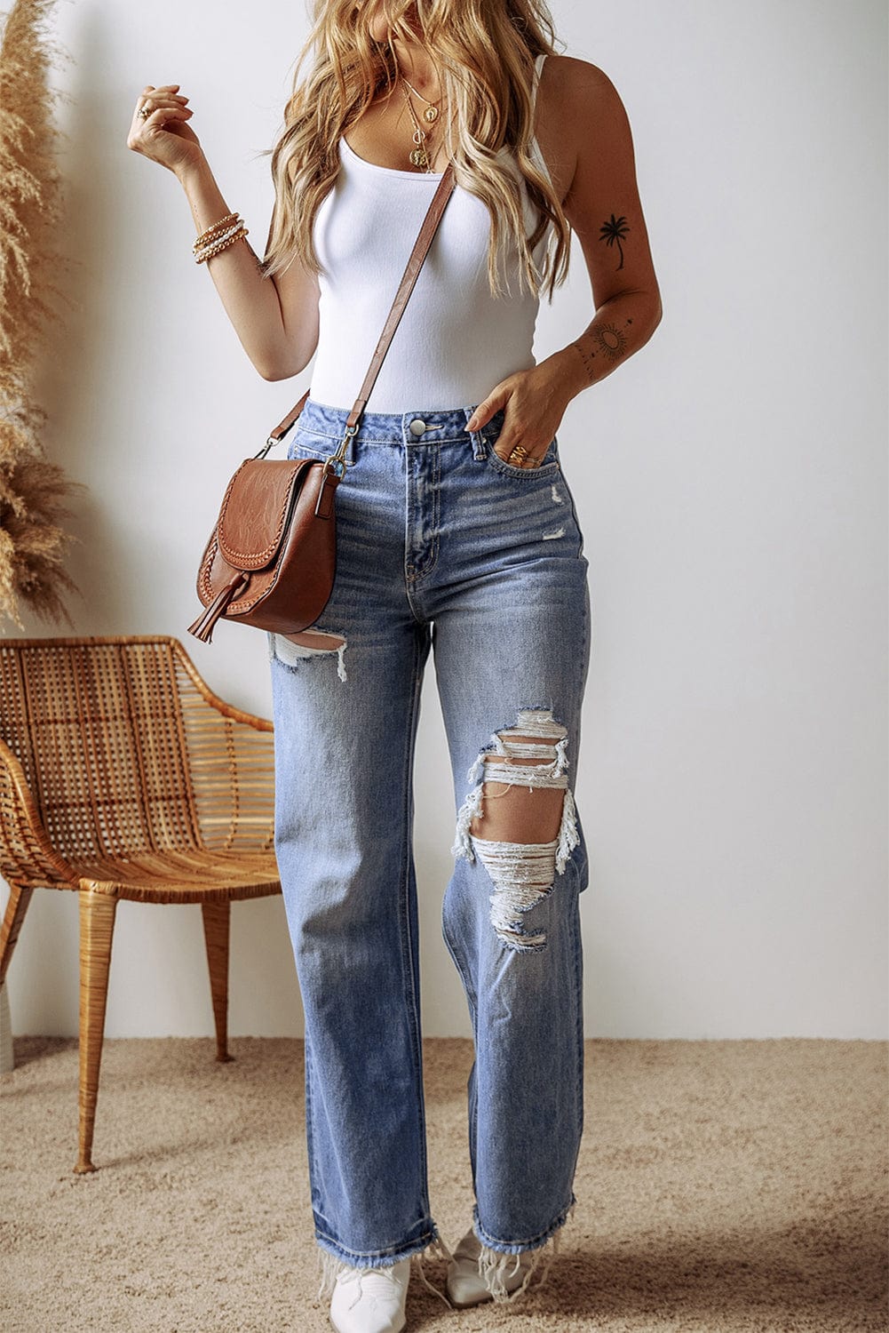 The802Gypsy  Bottoms/Jeans TRAVELING GYPSY-Distressed Raw Hem Straight Leg High Waist Jeans