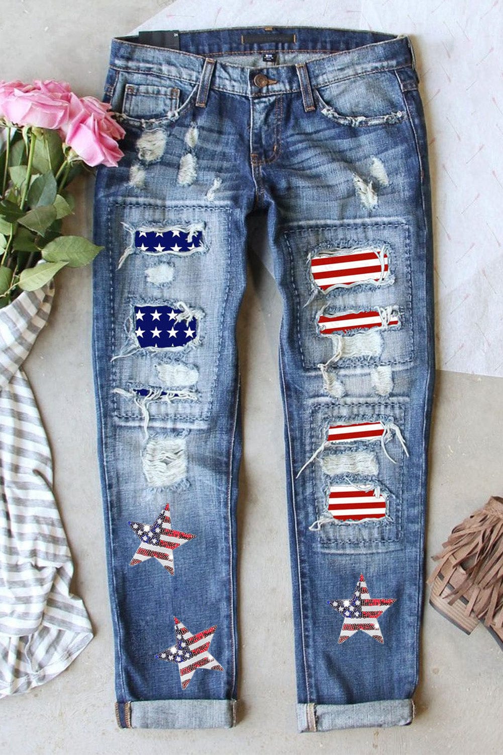 The802Gypsy Bottoms Medium / 4 GYPSY-US Flag Mid-Rise Waist Straight Jeans