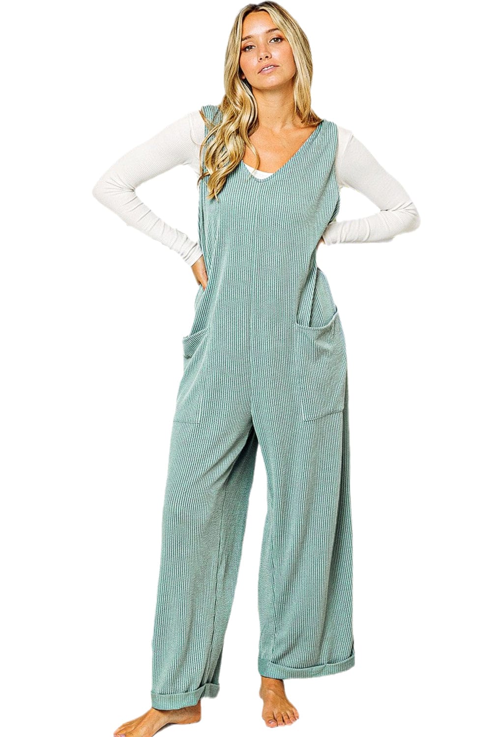 The802Gypsy  Bottoms Moonlight Jade Corded Tie Straps V Neck Wide Leg Jumpsuit