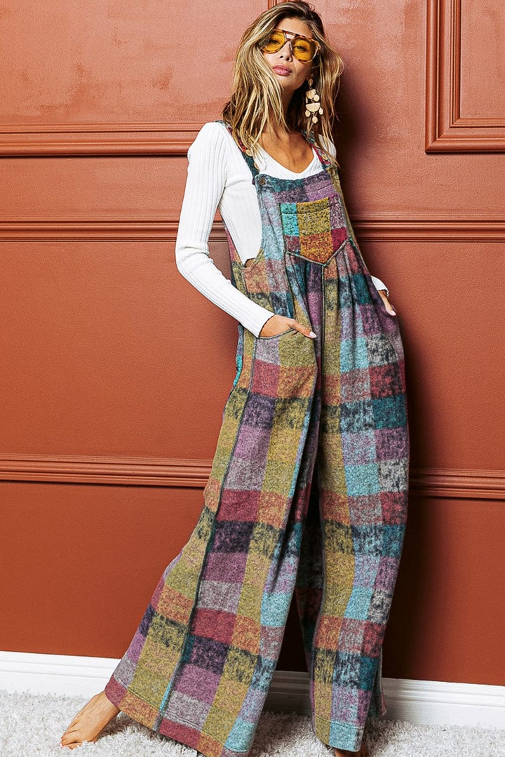 The802Gypsy  Bottoms Multicolour Brushed Checkered Wide Leg Overalls