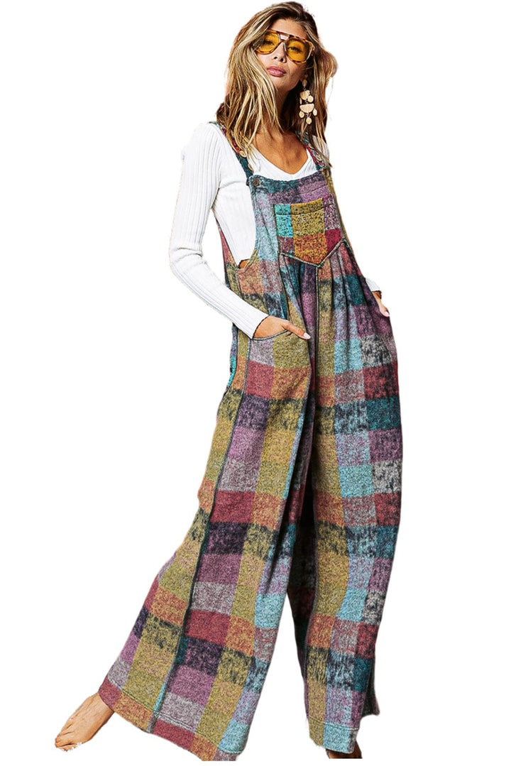The802Gypsy  Bottoms Multicolour Brushed Checkered Wide Leg Overalls