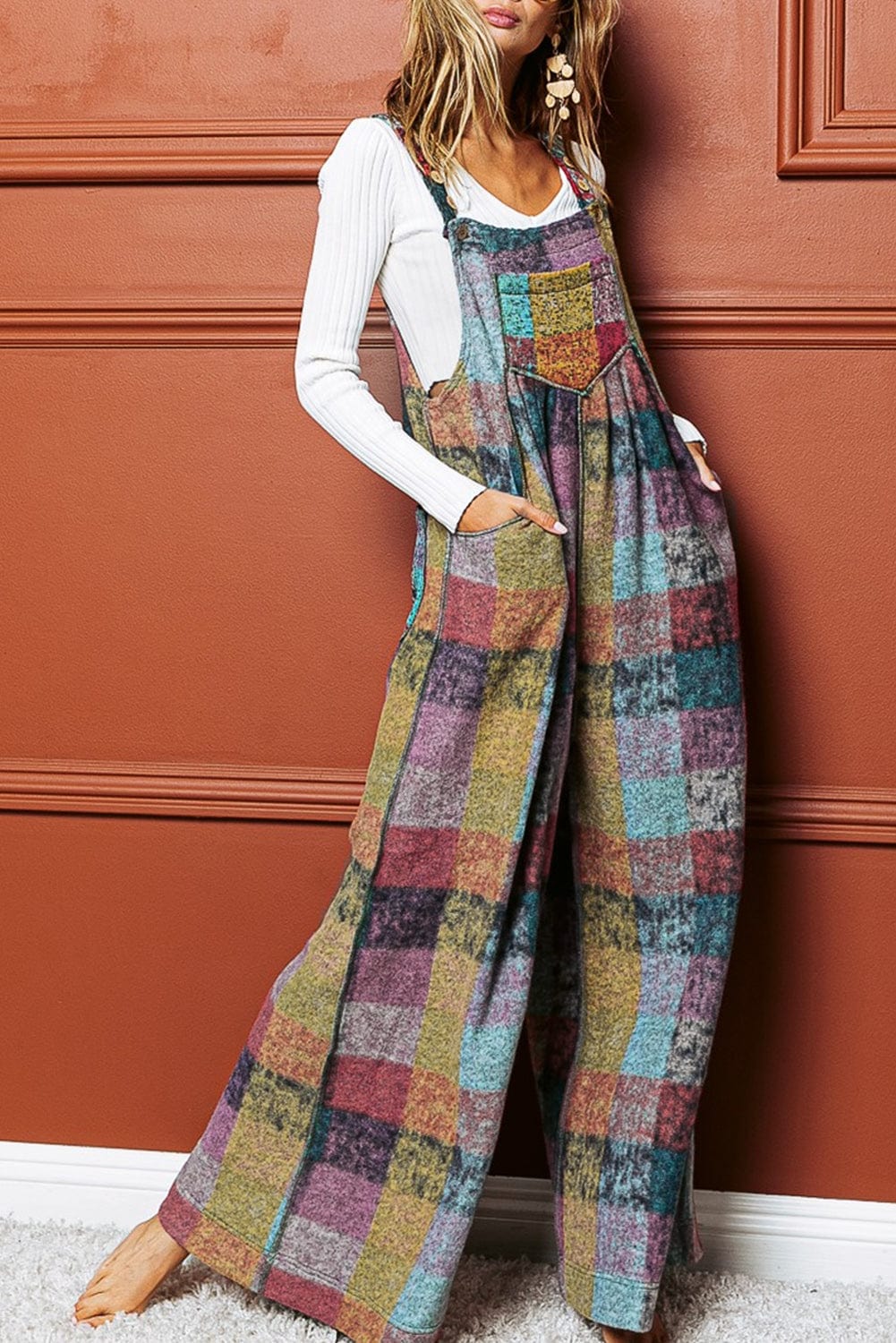 The802Gypsy  Bottoms Multicolour / S / 100%Polyester Multicolour Brushed Checkered Wide Leg Overalls