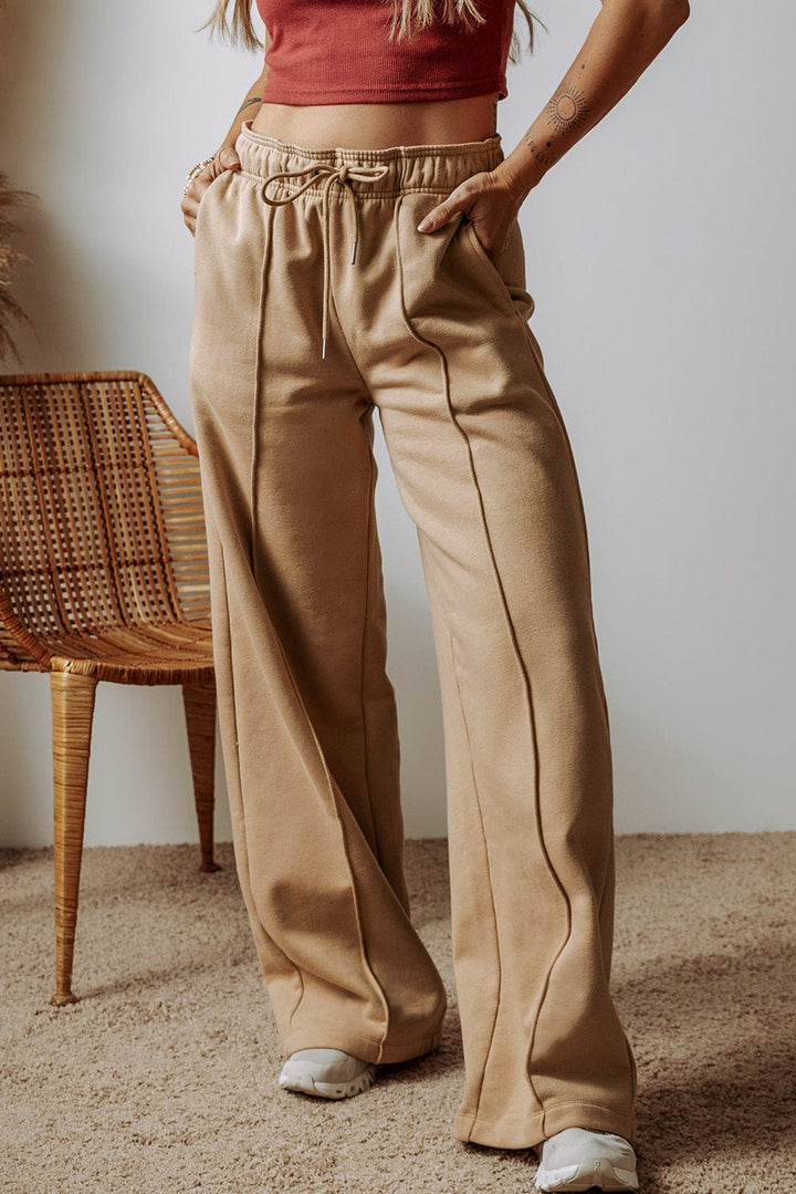 The802Gypsy  Bottoms/Pants & Culotte Brown / S TRAVELING GYPSY-Exposed Seam Drawstring High Waist Wide Leg Pants