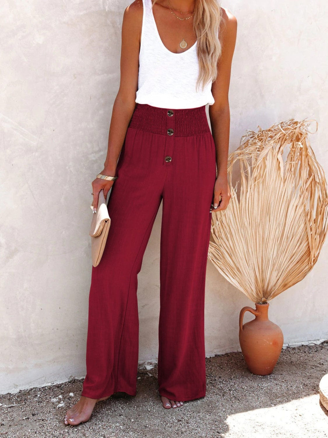 The802Gypsy Bottoms/Pants & Culotte Burgundy / S GYPSY-Cotton Decorative Button High Waist Trouser Pants ⏹️