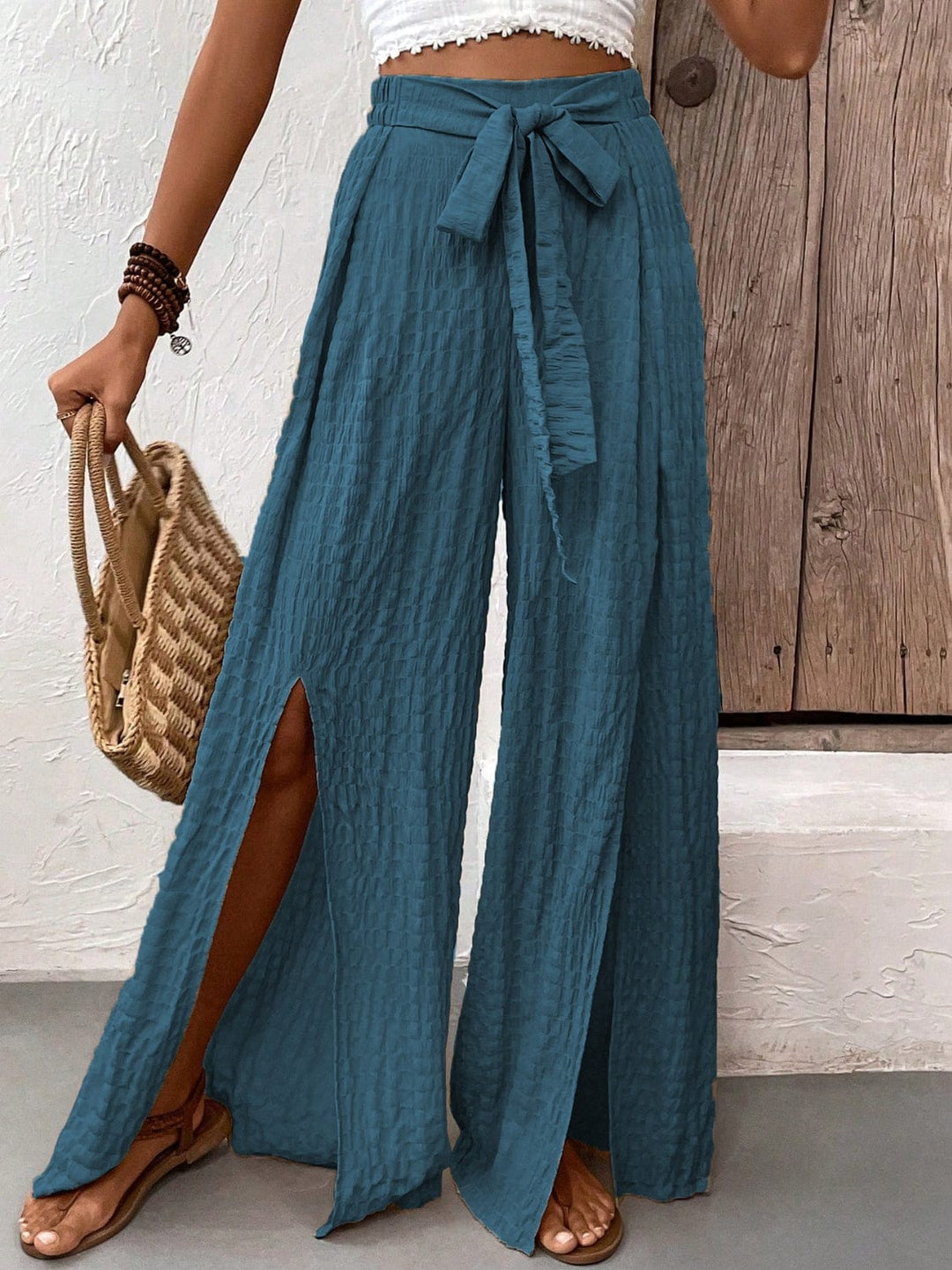 The802Gypsy Bottoms/Pants & Culotte French Blue / S GYPSY-Tied Slit Wide Leg Trouser Pants