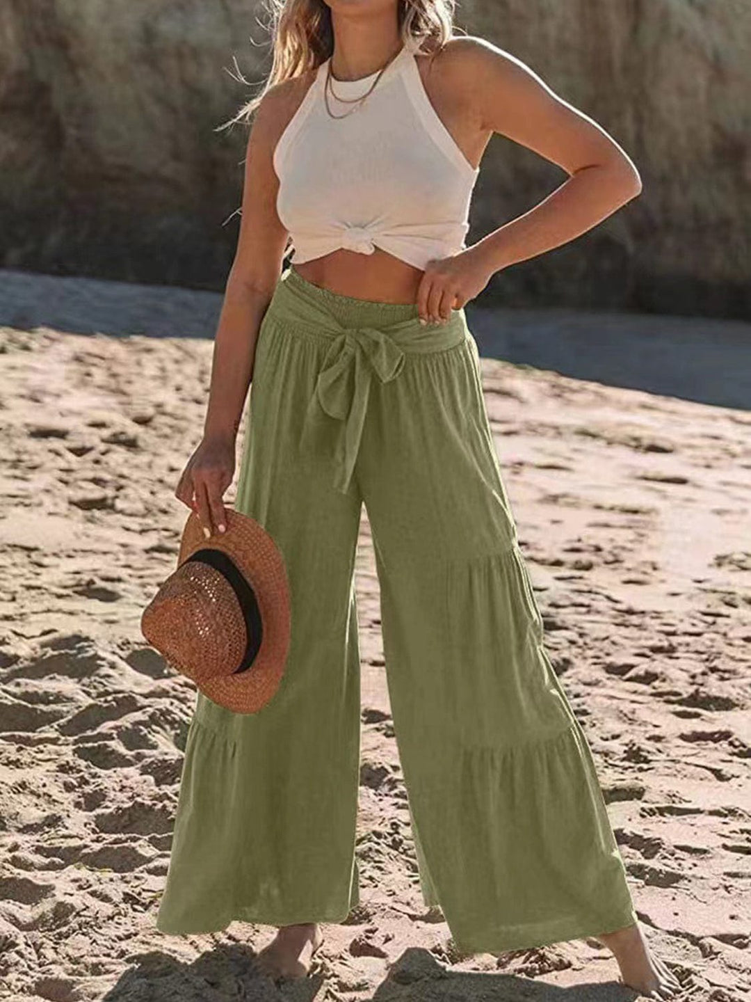 The802Gypsy Bottoms/Pants & Culotte Moss / S GYPSY-Tied Ruched Wide Leg Pants