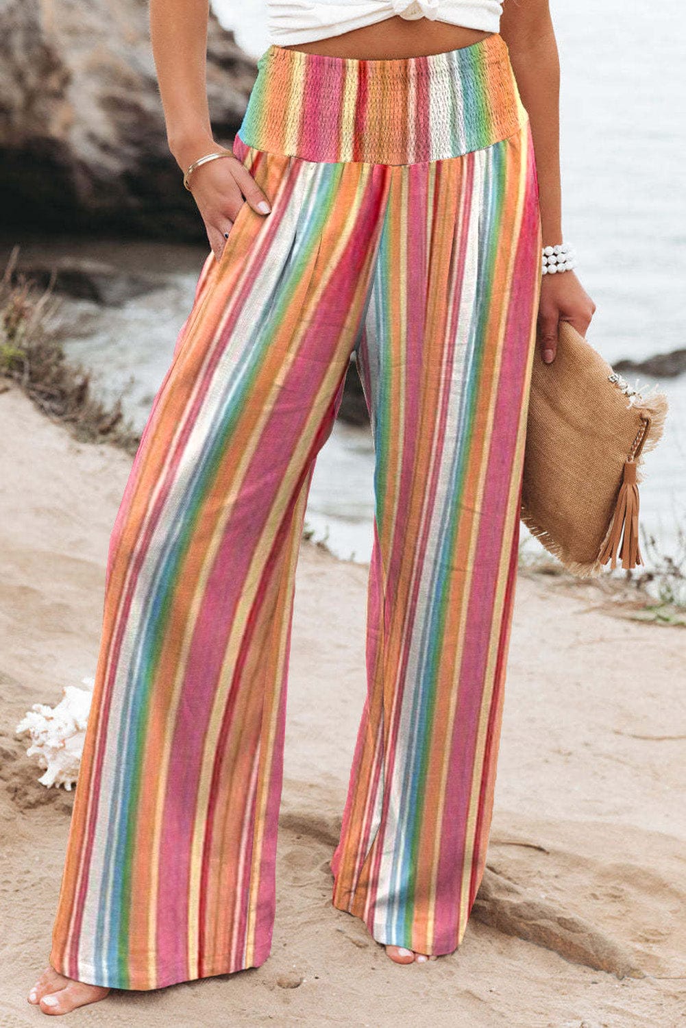 The802Gypsy  Bottoms/Pants & Culotte Multicolor / S / 100%Polyester TRAVELING GYPSY-Striped High Waist Wide Leg Trouser Pants