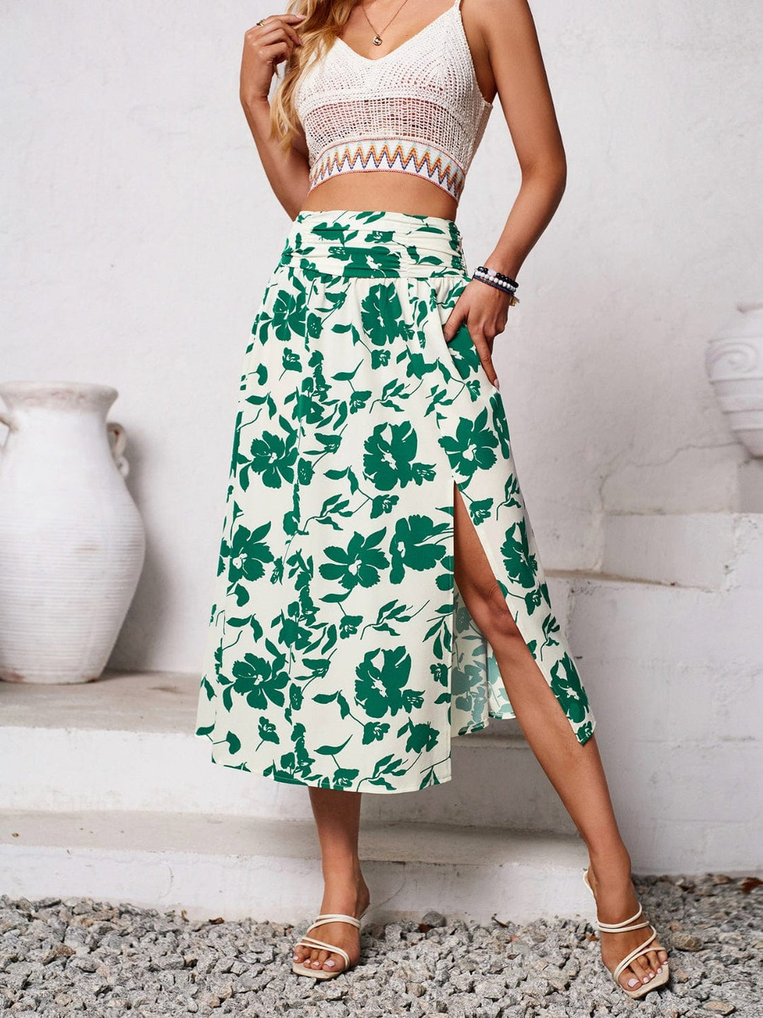 The802Gypsy Bottoms/skirts Mid Green / S GYPSY-Slit Printed Midi Skirt