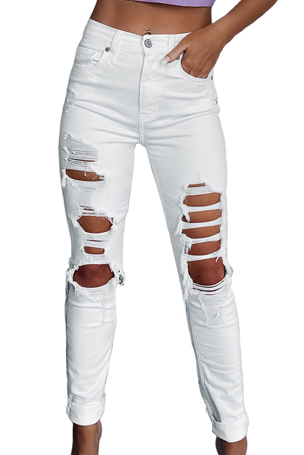The802Gypsy  Bottoms TRAVELING GYPSY-White Distressed High Waist Skinny Jeans