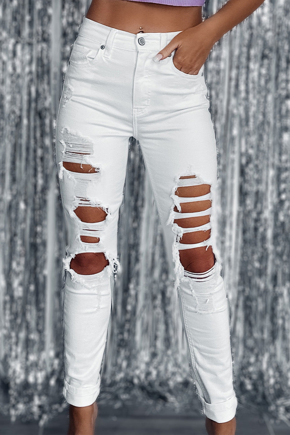 The802Gypsy  Bottoms White / 6 / 95%Cotton+5%Elastane TRAVELING GYPSY-White Distressed High Waist Skinny Jeans